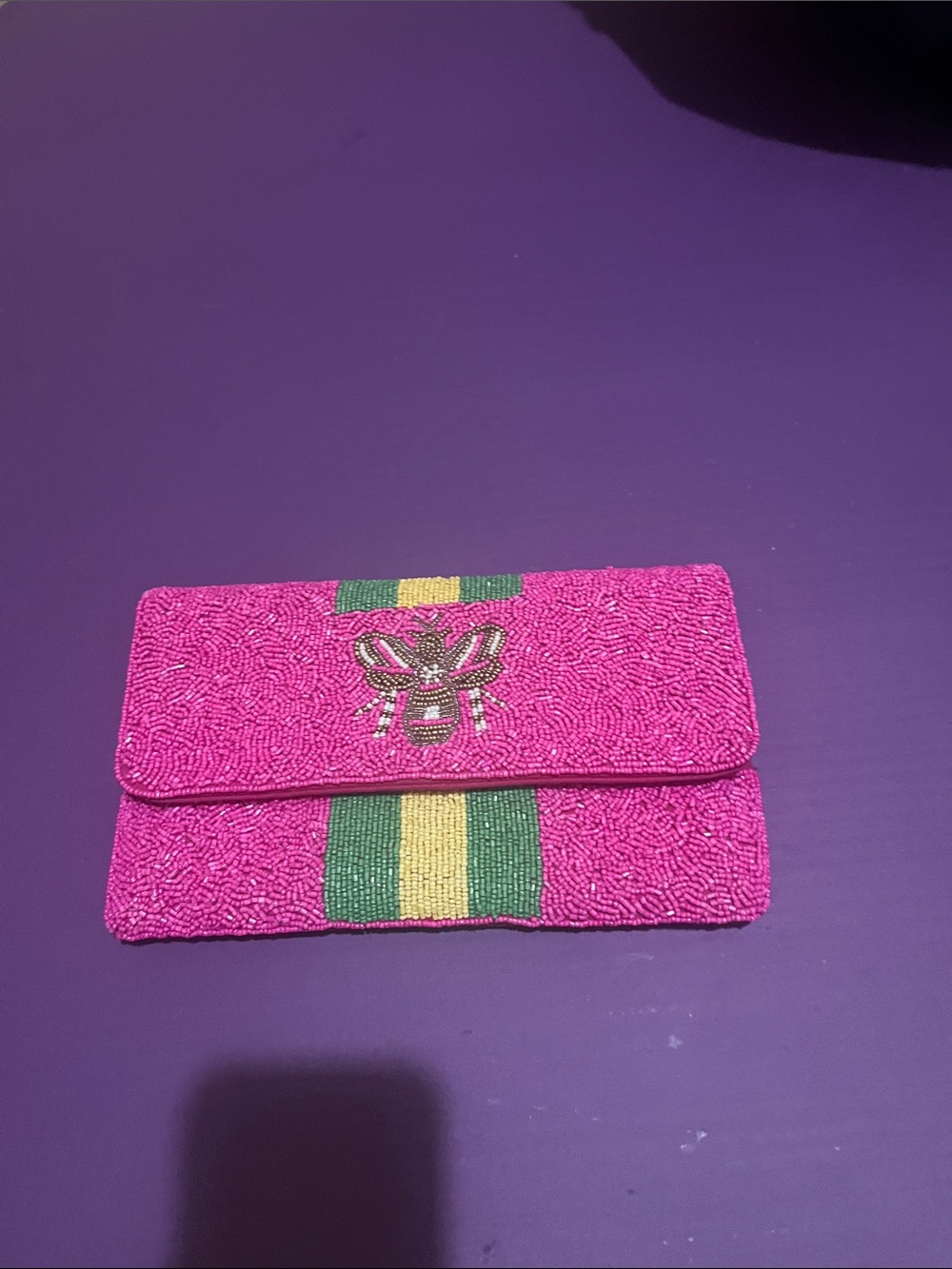 Pink Beaded Clutch with Bee Emblem and Green-Yellow Stripe
